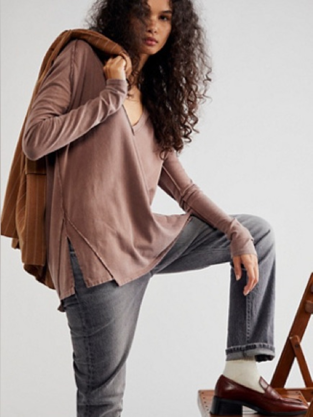 We the Free Free People Jaycee V-Neck Tunic Too Brown 100% Cotton S